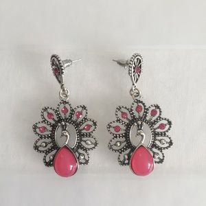 Pink Rhinestone Peacock Dangle Earrings